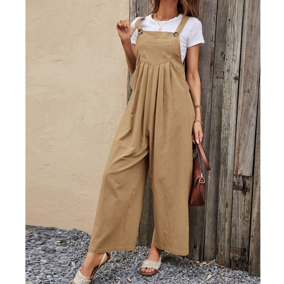 Pleated Wide leg Pockets Cotton Jumper Jumpsuit - Picture 1 of 7